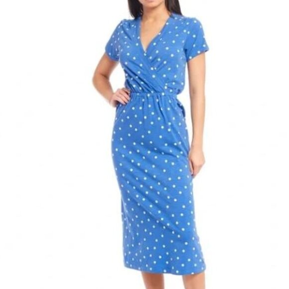 Joules Polka Dot Midi Dress Short Sleeves Faux Wrap Coastal Preppy Blue Medium 8 - Picture 1 of 9
